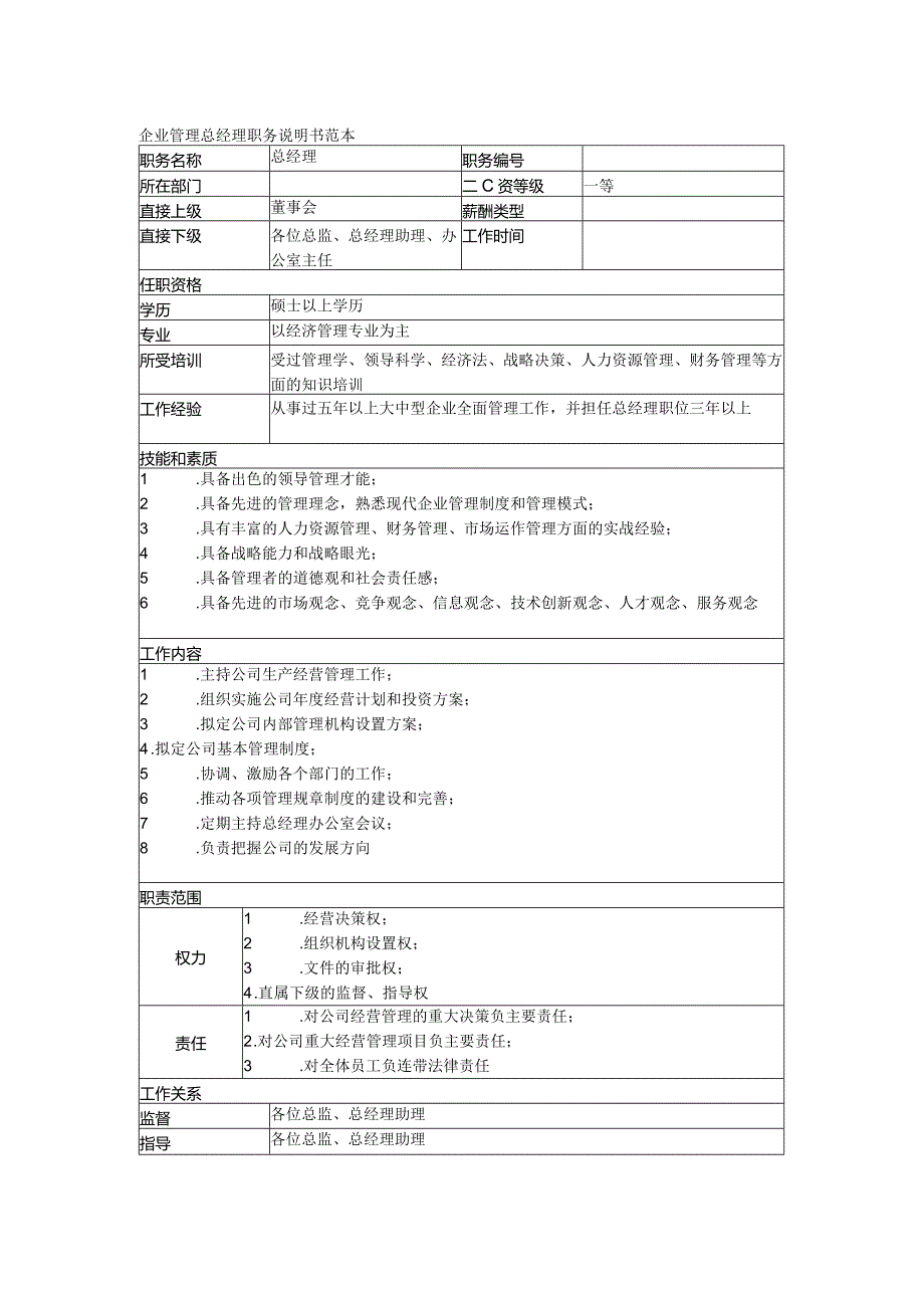 企业管理总经理职务说明书范本.docx_第1页