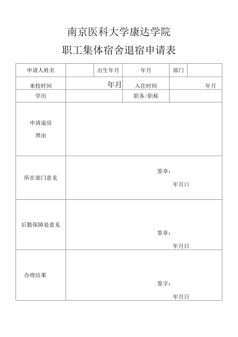 南京医科大学康达学院职工集体宿舍退宿申请表.docx_第1页