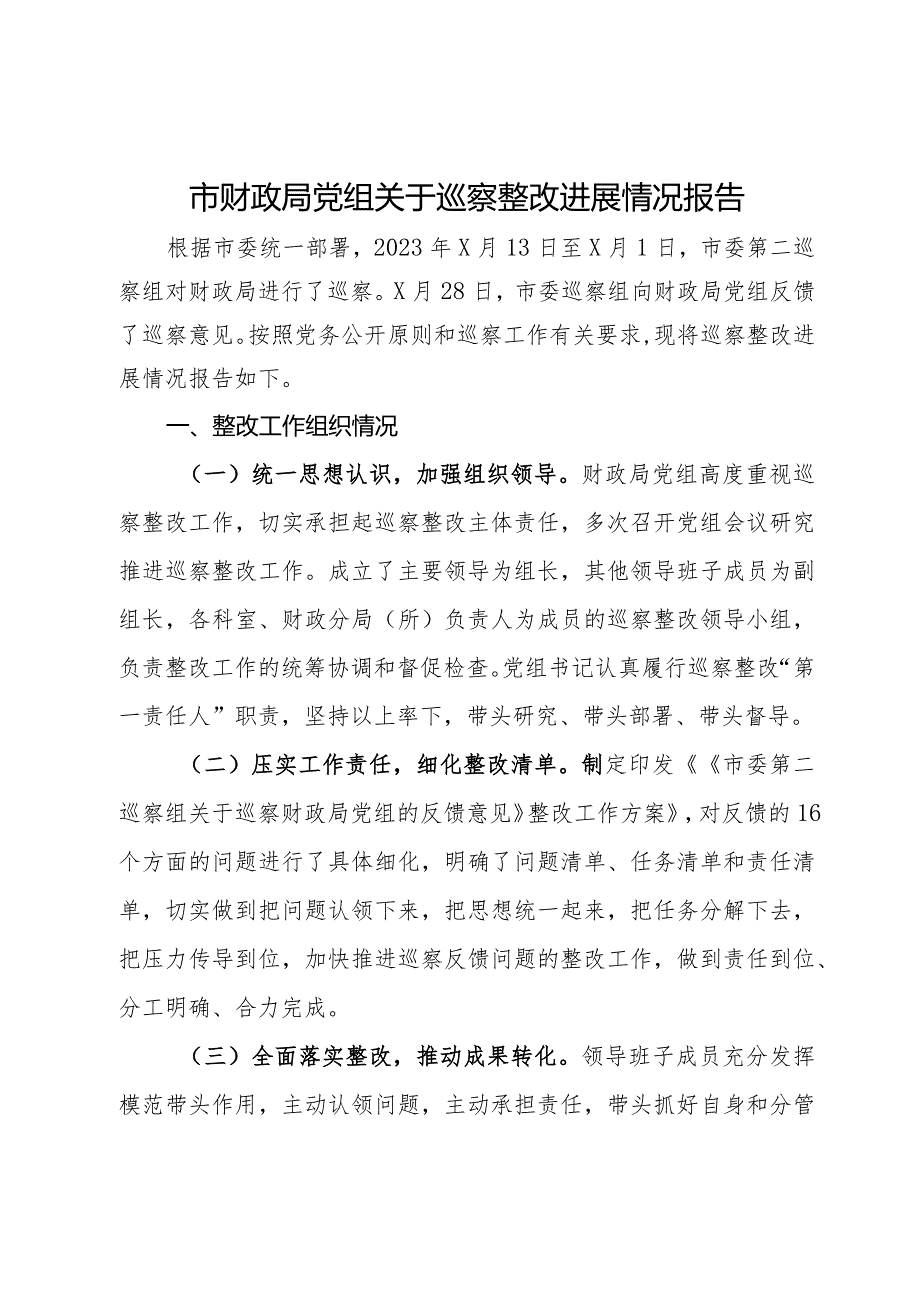 市财政局党组关于巡察整改进展情况报告.docx_第1页