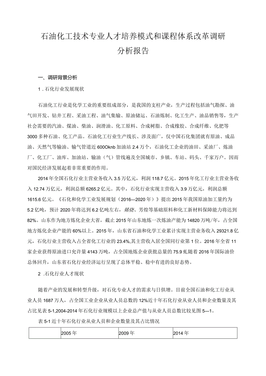 石油化工技术专业人才培养模式和课程体系改革调研分析报告.docx_第1页