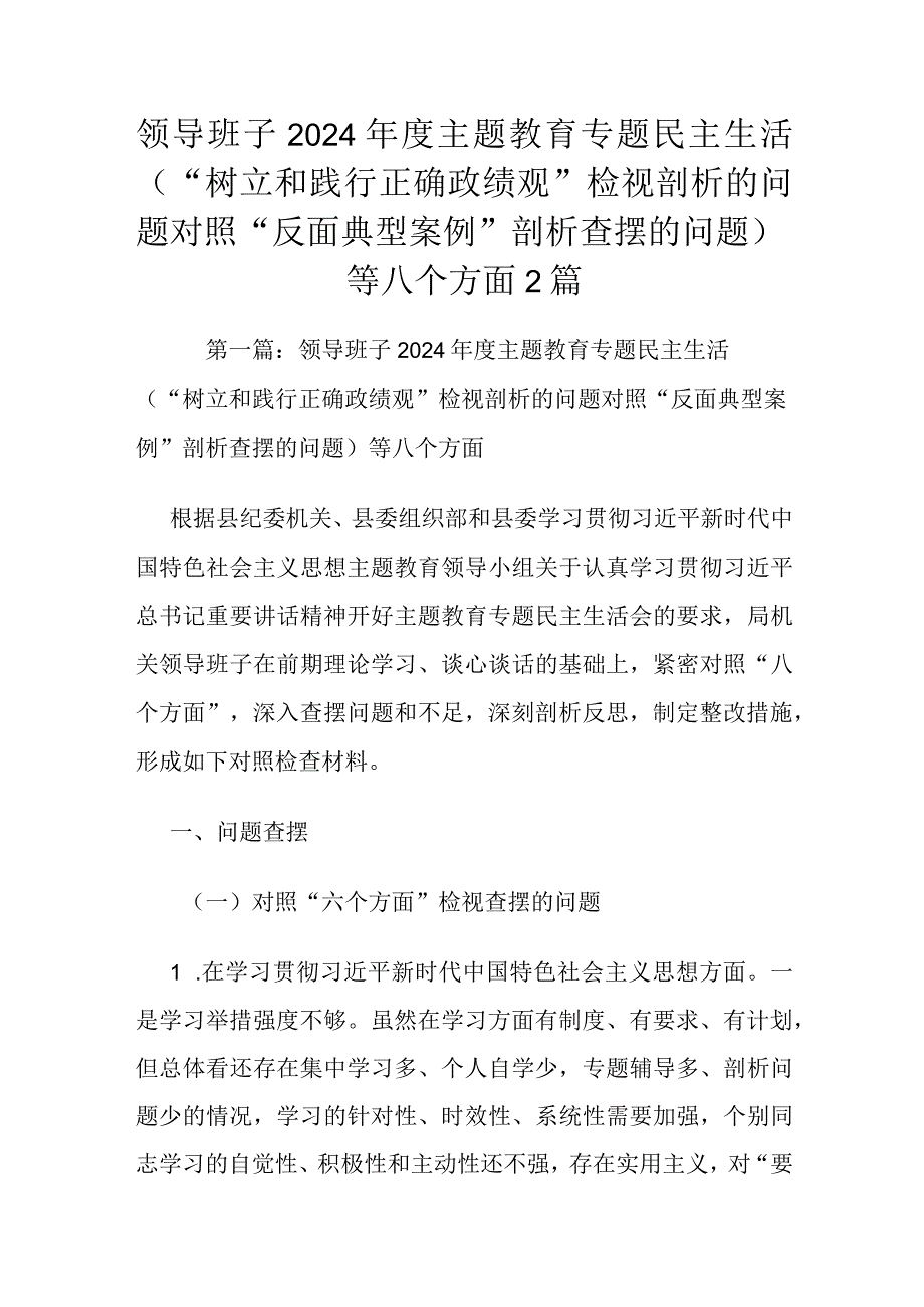 领导班子2024年度主题教育专题民主生活（“树立和践行正确政绩观”检视剖析的问题对照“反面典型案例”剖析查摆的问题）等八个方面2篇.docx_第1页