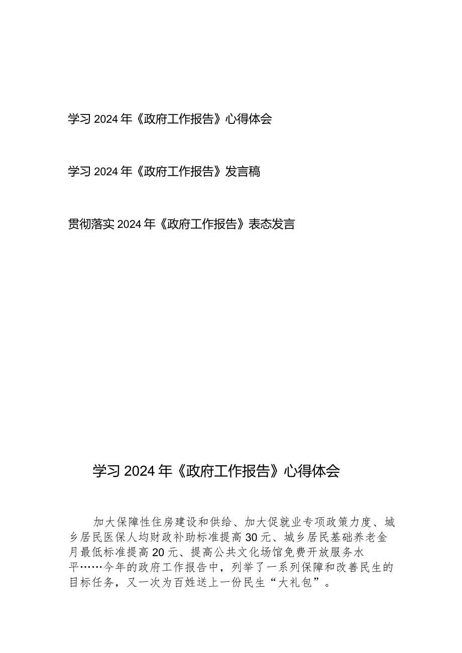 学习贯彻落实2024年《政府工作报告》表态发言心得体会3篇.docx_第1页