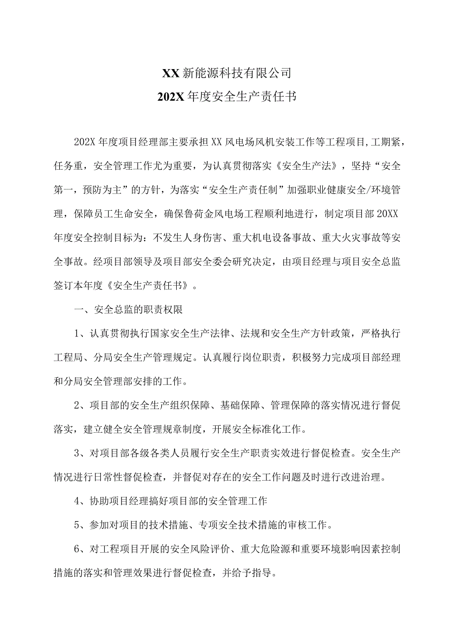 XX新能源科技有限公司202X年度安全生产责任书（2023年）.docx_第1页