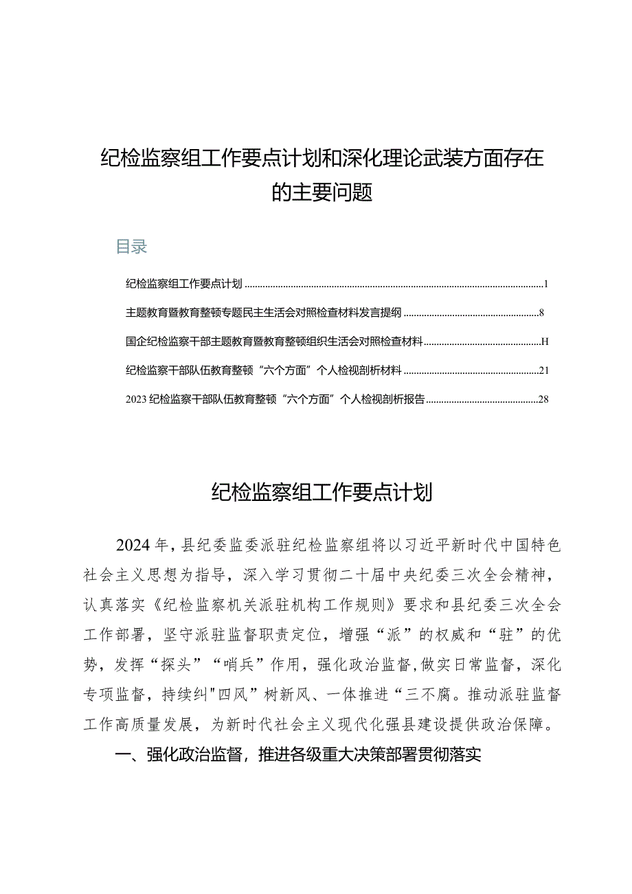 （5篇）纪检监察组工作要点计划和深化理论武装方面存在的主要问题.docx_第1页