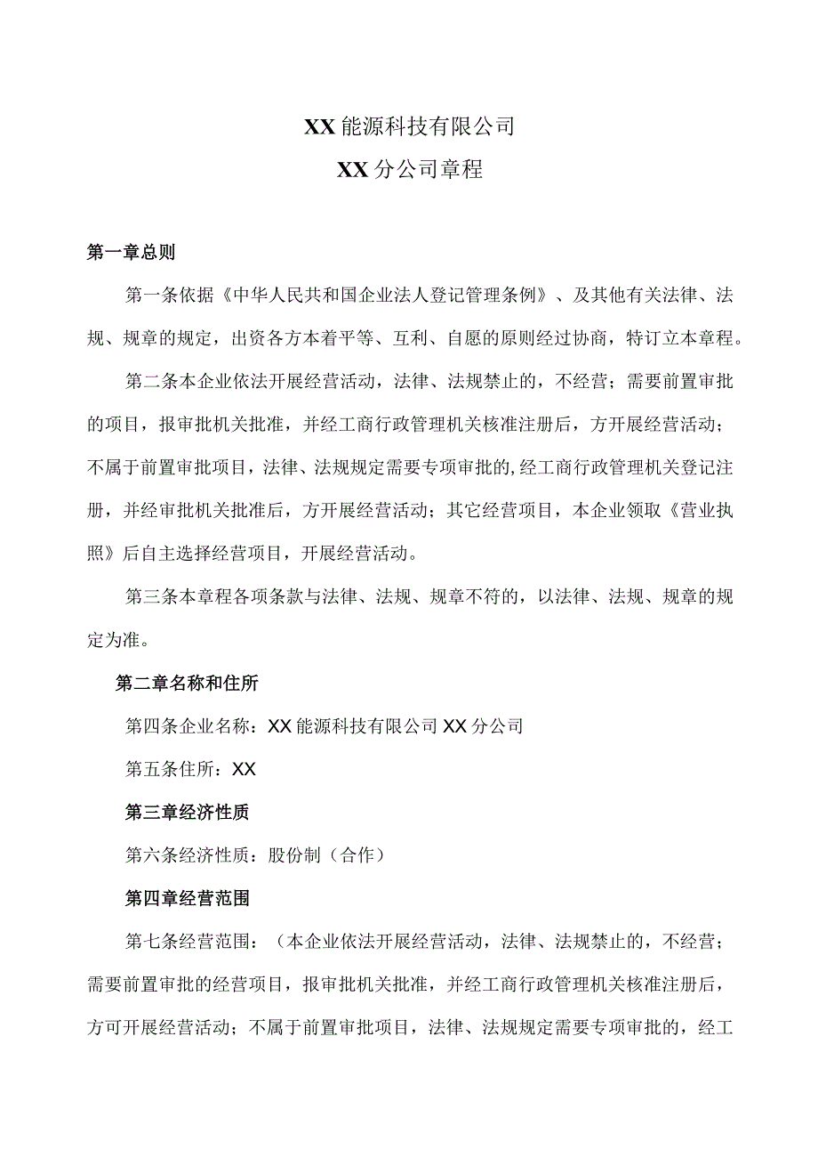 XX能源科技有限公司XX分公司章程（2023年）.docx_第1页