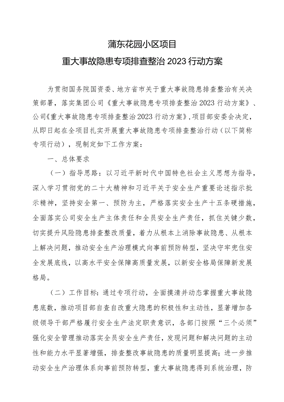 项目部重大事故隐患专项排查整治2023行动方案》.docx_第1页