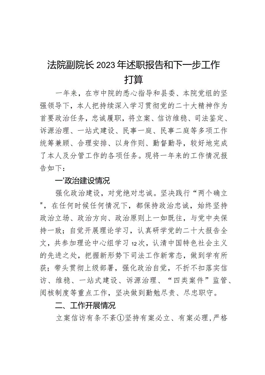 法院副院长2023年述职报告和下一步工作打算.docx_第1页