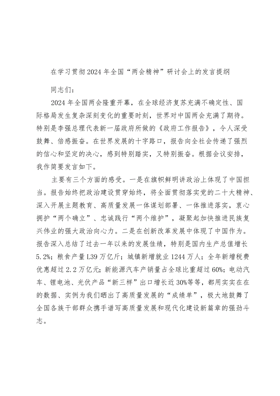 在学习贯彻2024年全国“两会精神”研讨会上的发言提纲心得体会.docx_第1页