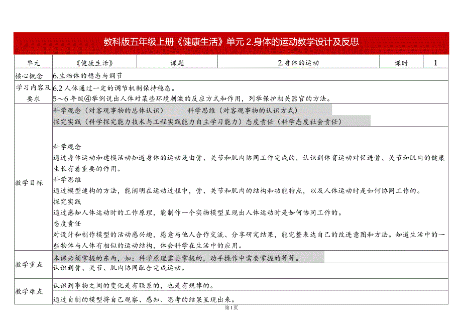 教科版五年级科学上册第四单元第二课时教学设计我们的身体.docx_第1页