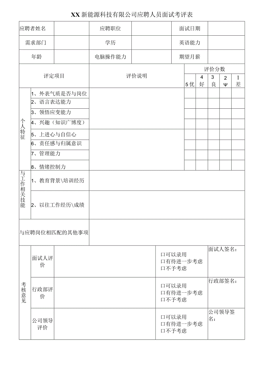 XX新能源科技有限公司应聘人员面试考评表（2023年）.docx_第1页