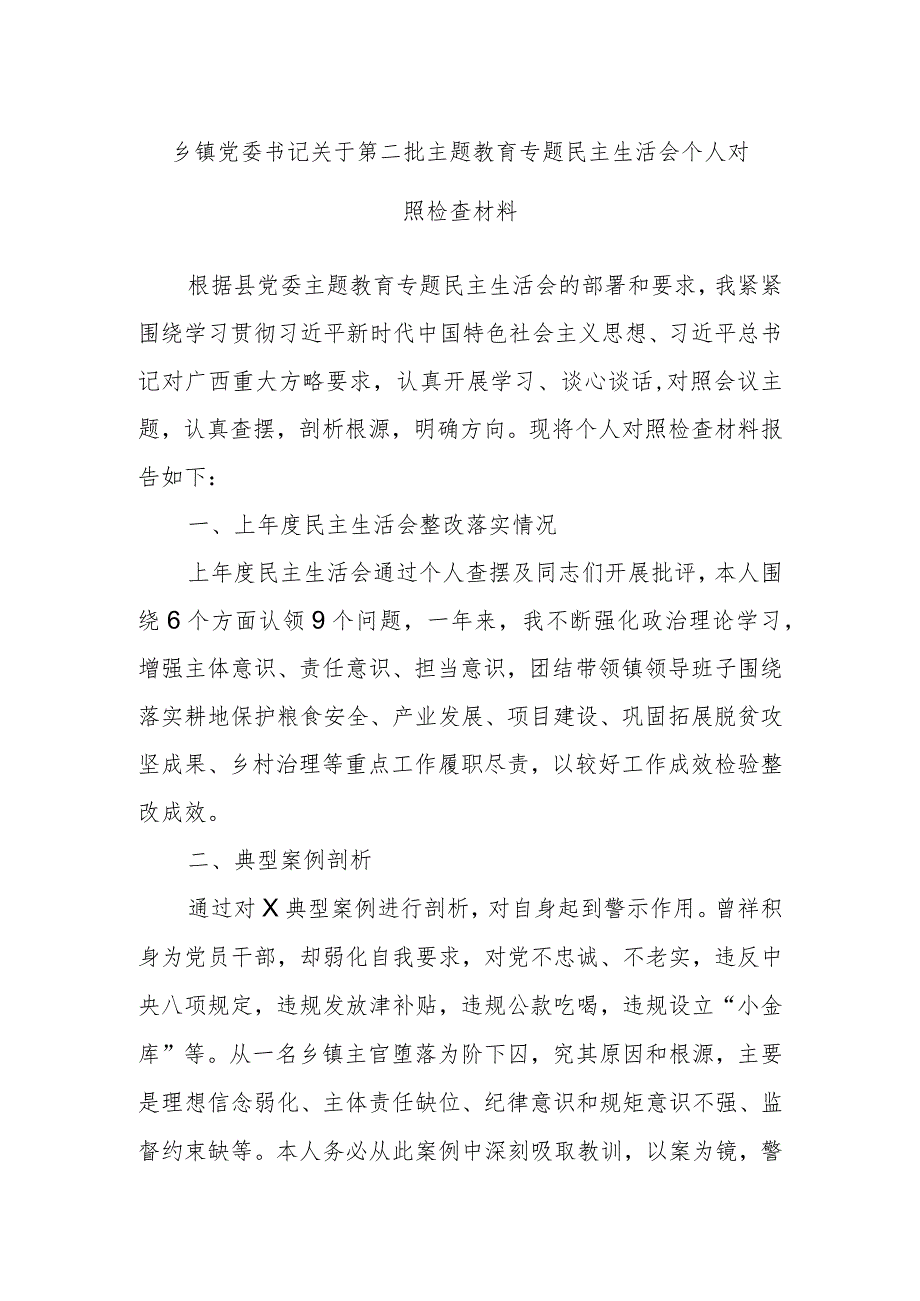 乡镇党委书记关于第二批主题教育专题民主生活会个人对照检查材料.docx_第1页