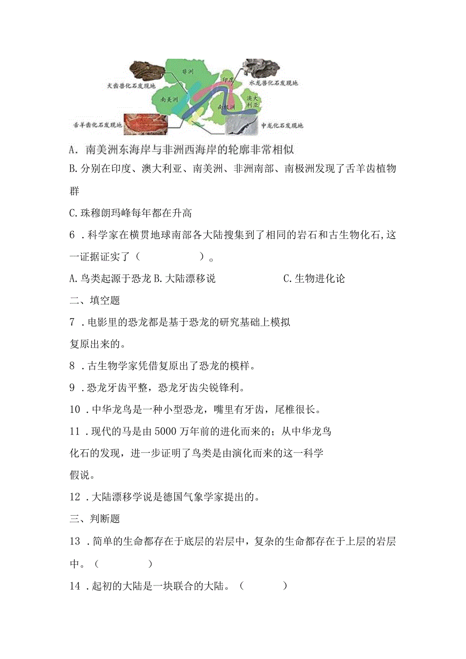 苏教版小学六年级科学下册《第三单元：化石的奥秘》自学练习题及答案.docx_第2页