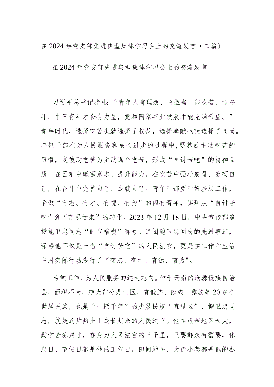 在2024年党支部先进典型集体学习会上的交流发言(二篇).docx_第1页