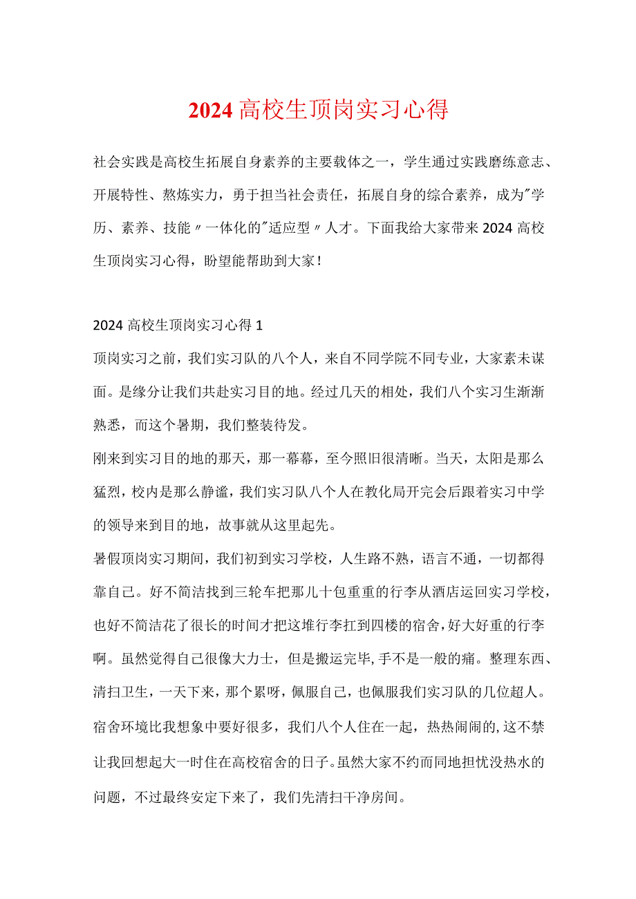 2024大学生顶岗实习心得.docx_第1页