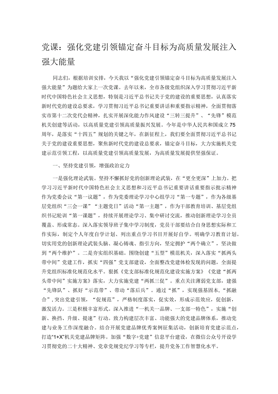 党课：强化党建引领 锚定奋斗目标 为高质量发展注入强大能量.docx_第1页