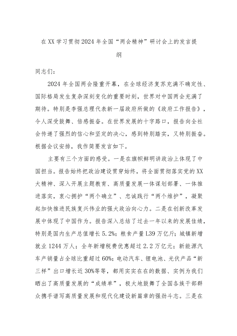 在XX学习贯彻2024年全国“两会精神”研讨会上的发言提纲.docx_第1页