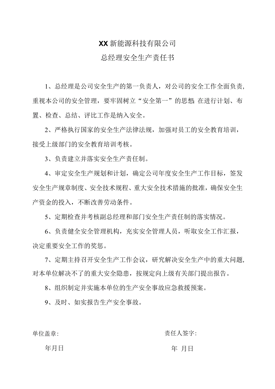 XX新能源科技有限公司总经理安全生产责任书（2023年）.docx_第1页