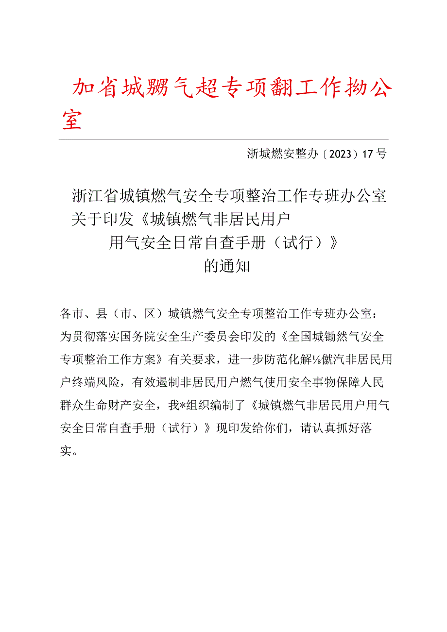 浙江省城镇燃气非居民用户用气安全日常自查手册（试行）2024.docx_第1页