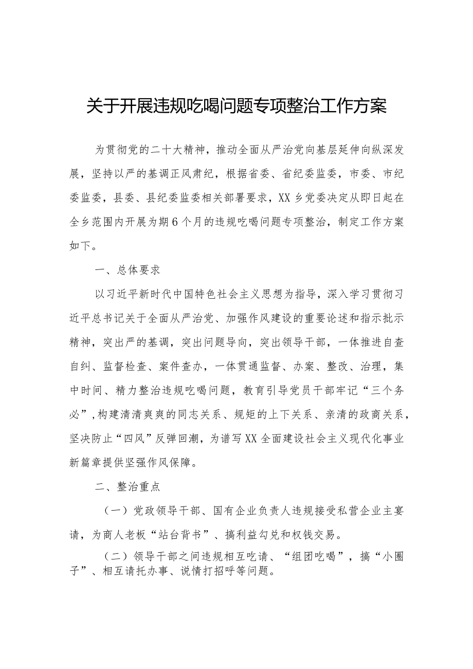 关于开展违规吃喝问题专项整治工作方案.docx_第1页