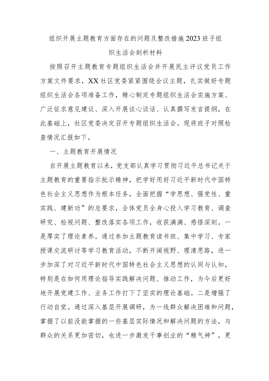 组织开展主题教育方面存在的问题及整改措施2023班子组织生活会剖析材料.docx_第1页