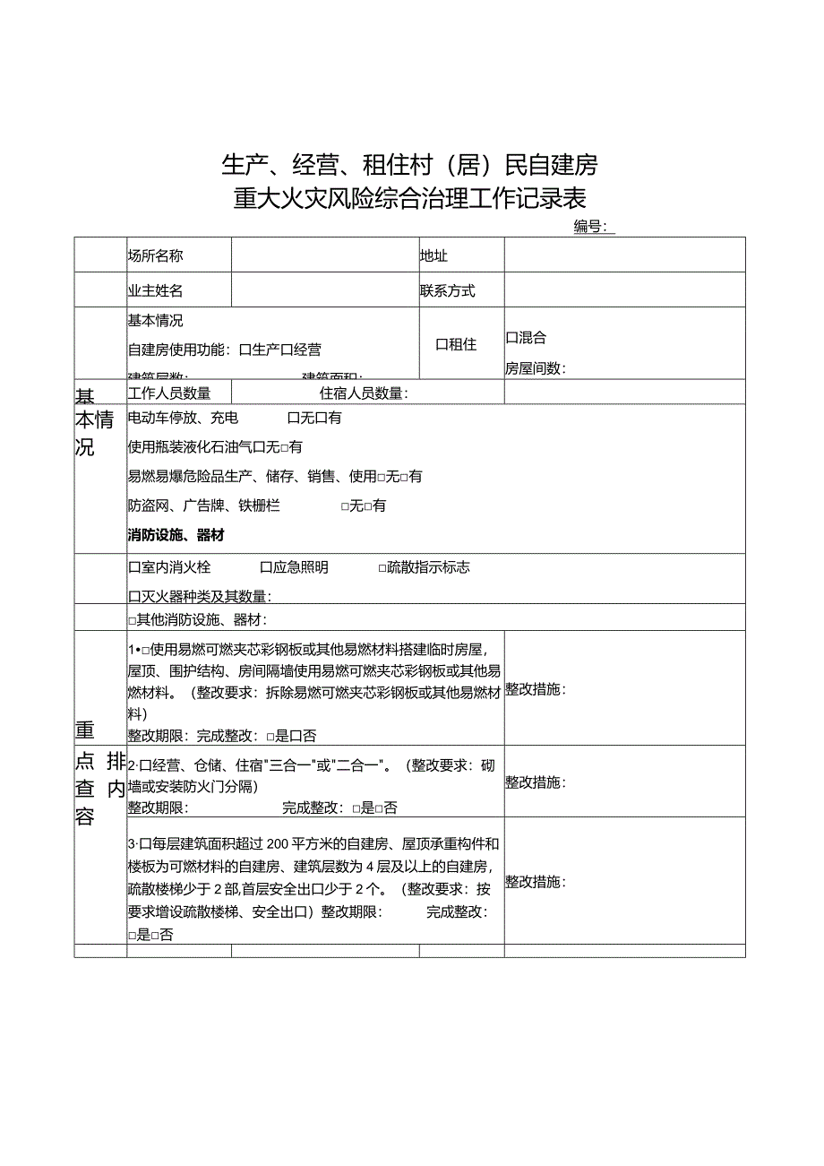 生产、经营、租住村（居）民自建房重大火灾风险综合治理工作记录表.docx_第1页