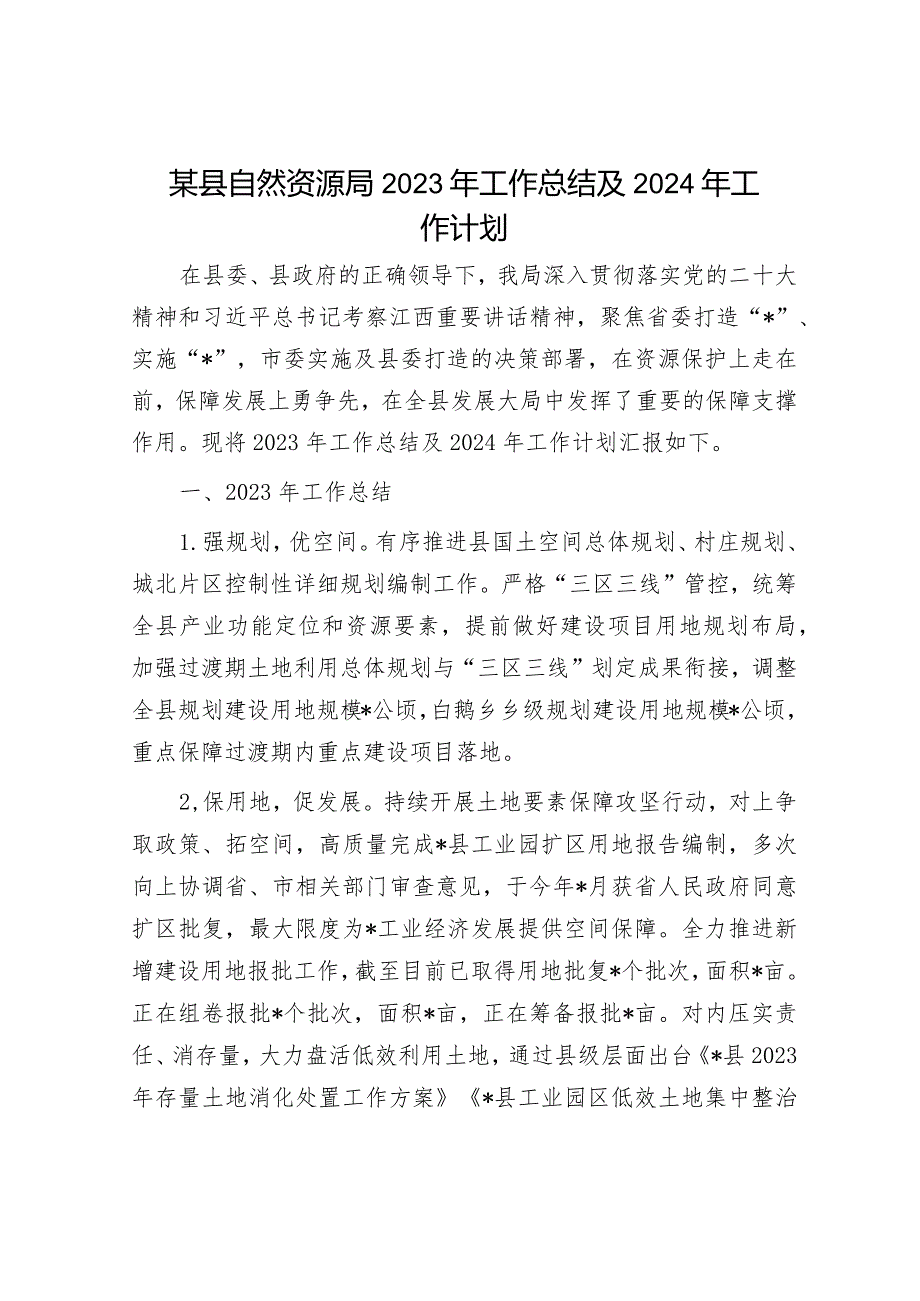 某县自然资源局2023年工作总结及2024年工作计划.docx_第1页