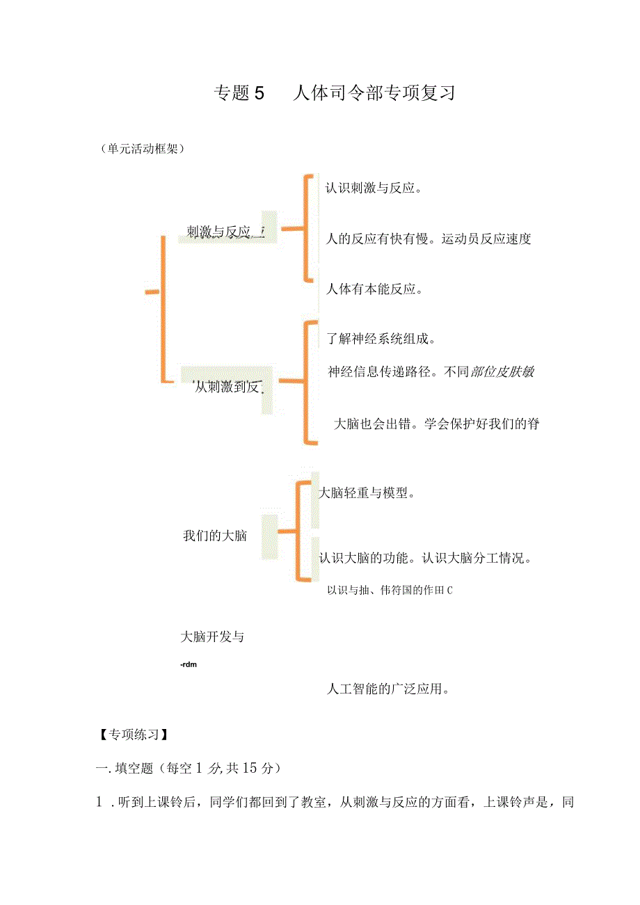 苏教版小学五年级科学下册《第五单元：人体司令部》自学练习题及答案.docx_第1页