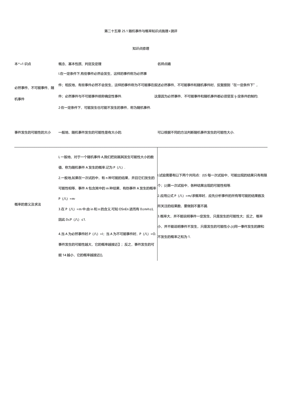 第二十五章25.1随机事件与概率知识点梳理+测评.docx_第1页