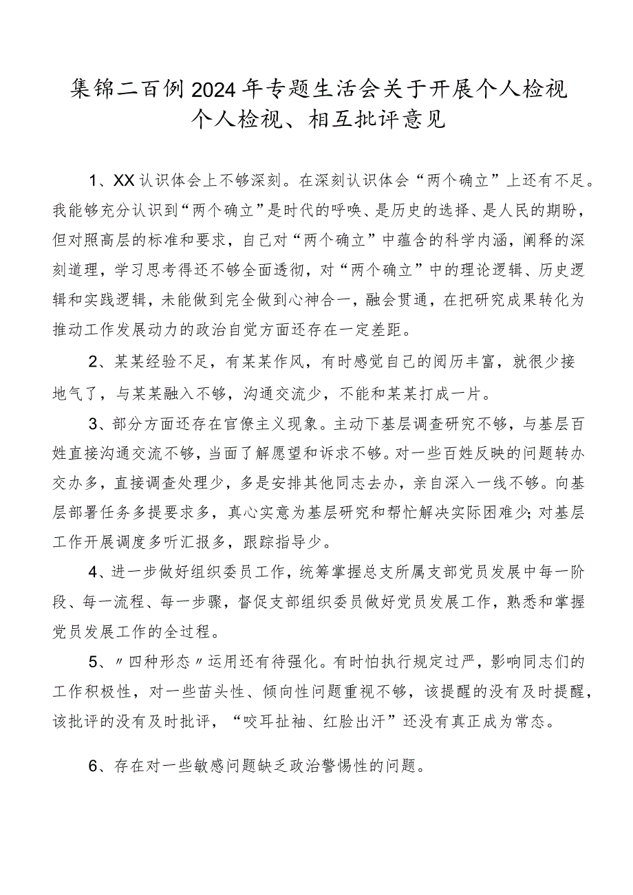 集锦二百例2024年专题生活会关于开展个人检视个人检视、相互批评意见.docx_第1页