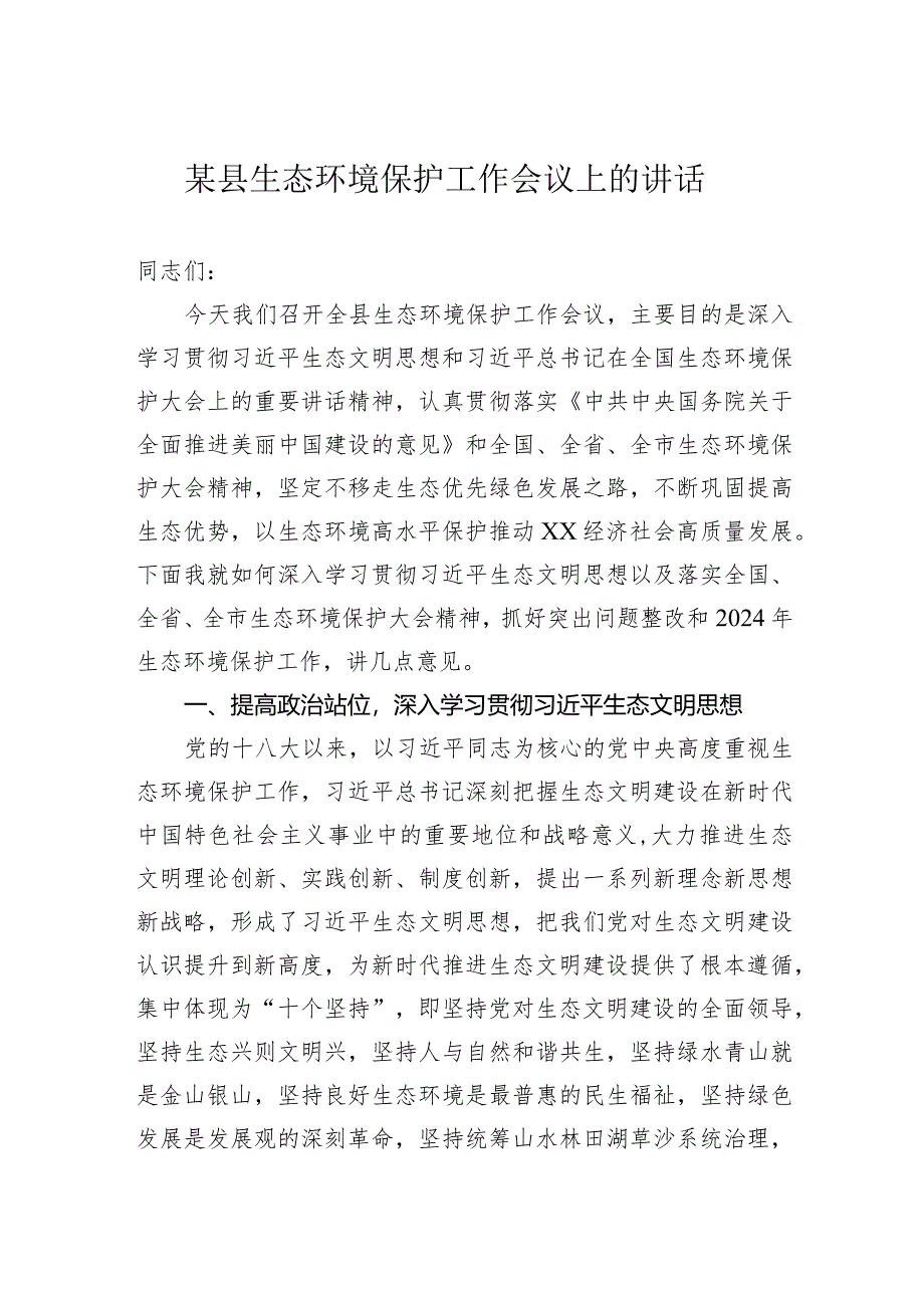 某县生态环境保护工作会议上的讲话.docx_第1页