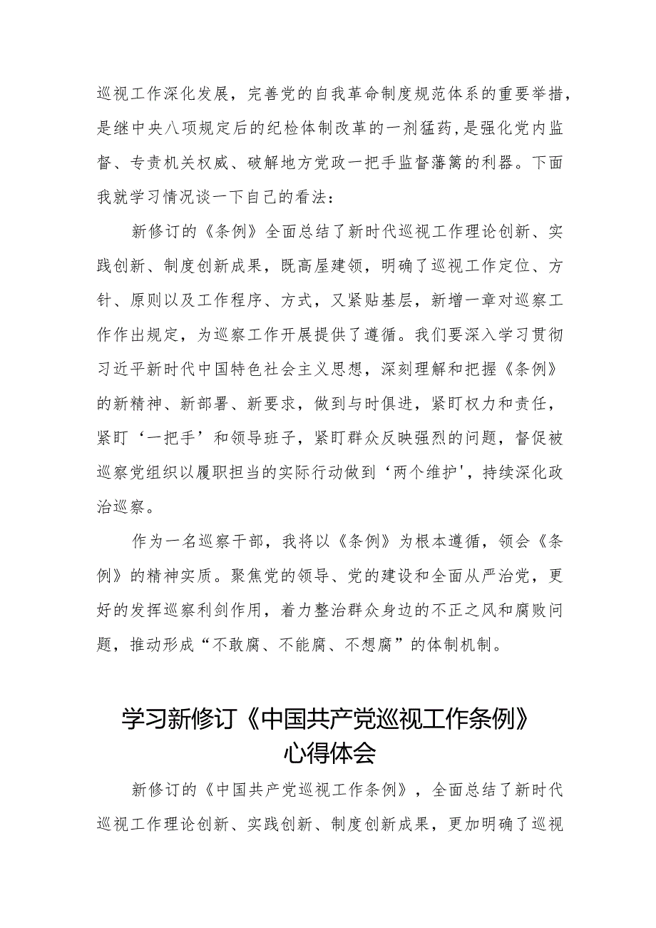 巡察干部学习2024新修订中国共产党巡视工作条例心得体会11篇.docx_第2页