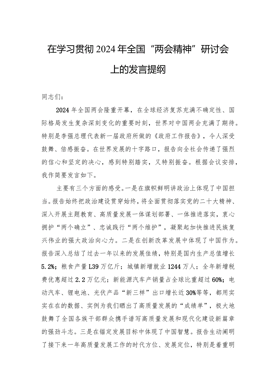 在学习贯彻2024年全国“两会精神”研讨会上的发言提纲.docx_第1页