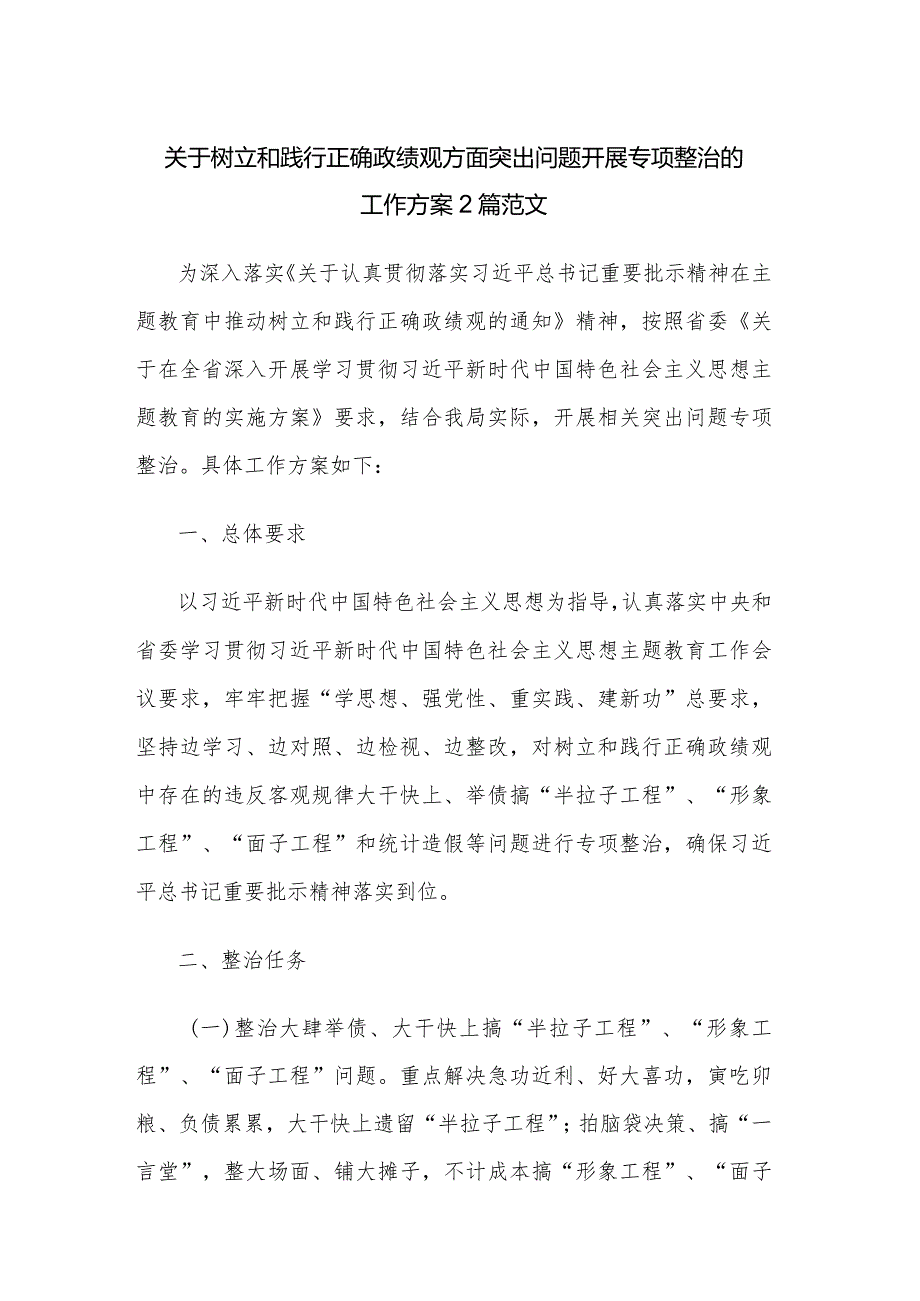 关于树立和践行正确政绩观方面突出问题开展专项整治的工作方案2篇范文.docx_第1页