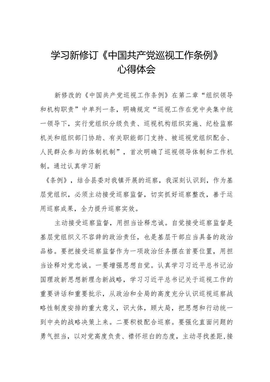 九篇关于2024年新修订《中国共产党巡视工作条例》的心得体会.docx_第1页