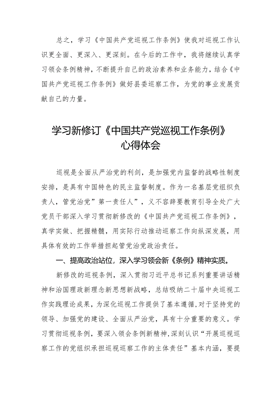 巡察干部学习2024新版中国共产党巡视工作条例的心得体会11篇.docx_第2页