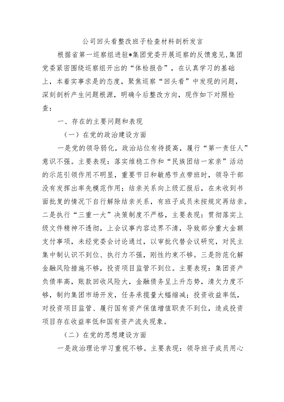 公司回头看整改班子检查材料剖析发言.docx_第1页