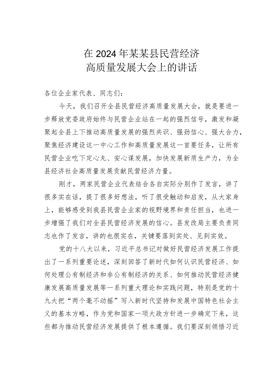 在2024年某某县民营经济高质量发展大会上的讲话.docx_第1页