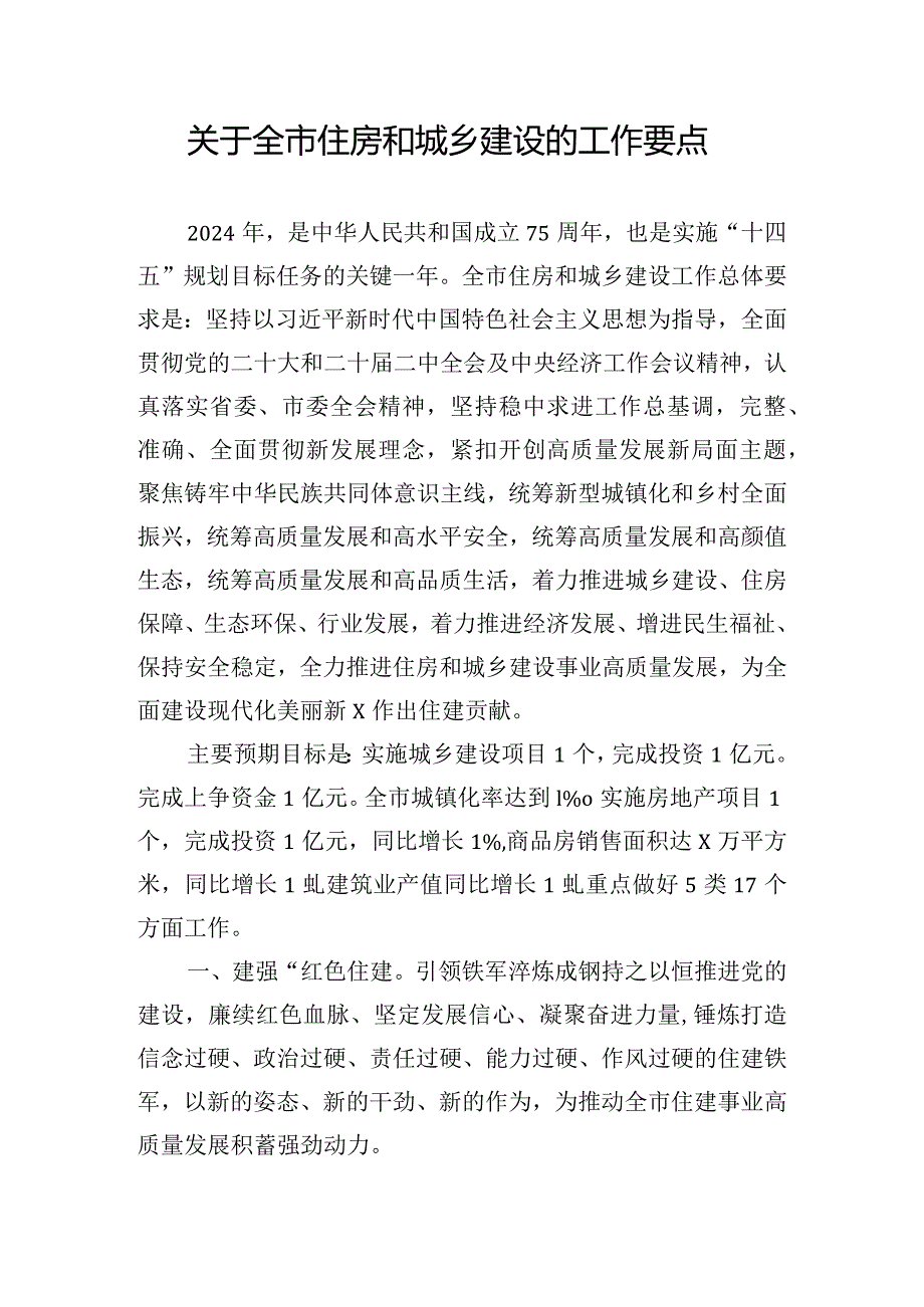 关于全市住房和城乡建设的工作要点.docx_第1页