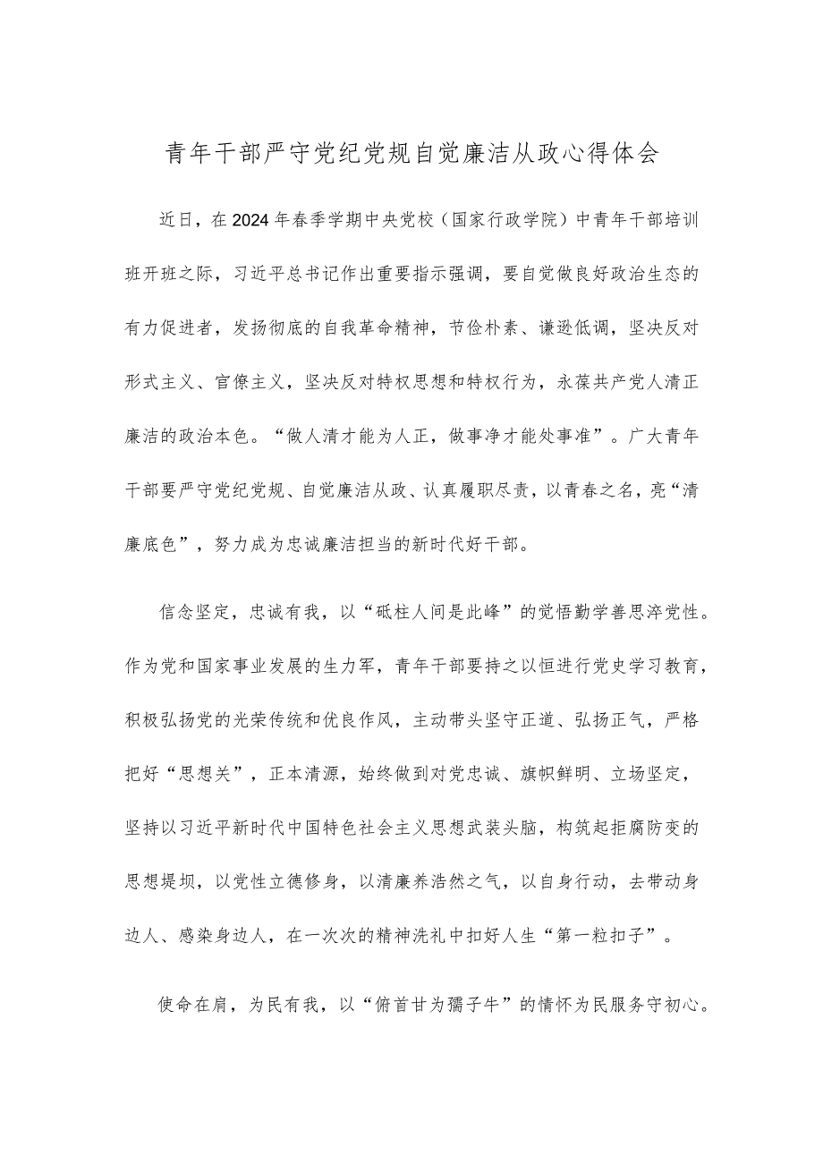 青年干部严守党纪党规自觉廉洁从政心得体会.docx_第1页