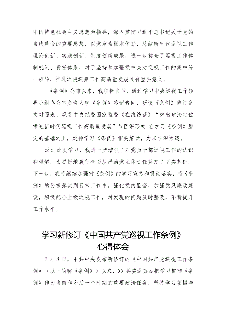 巡察干部学习2024新修订中国共产党巡视工作条例心得体会(十三篇).docx_第2页