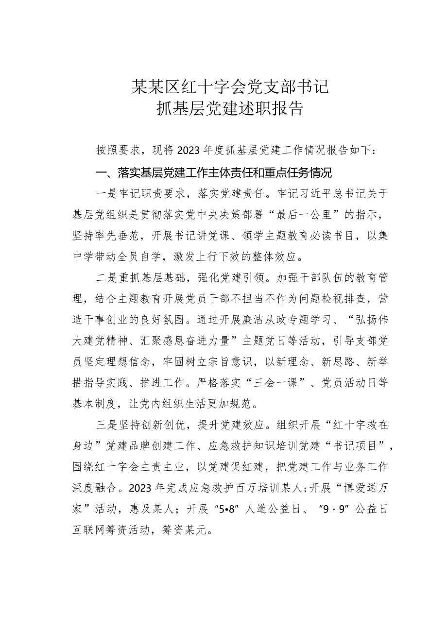 某某区红十字会党支部书记抓基层党建述职报告.docx_第1页