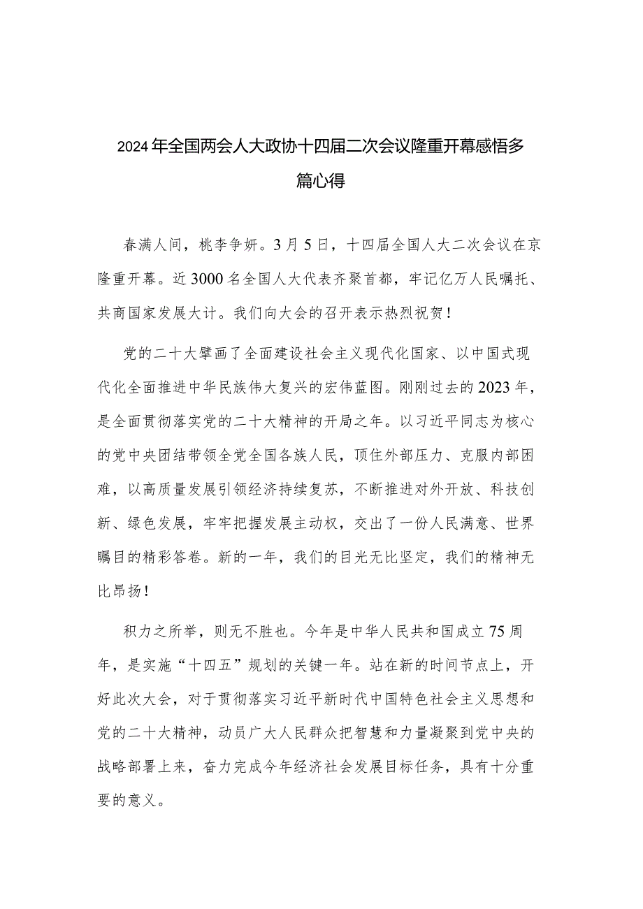 2024年全国两会人大政协十四届二次会议隆重开幕感悟多篇心得.docx_第1页