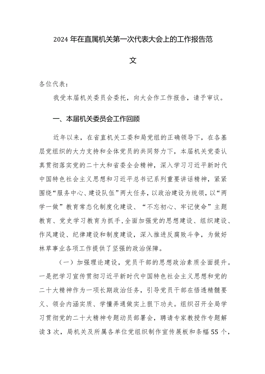 2024年在直属机关第一次代表大会上的工作报告范文.docx_第1页