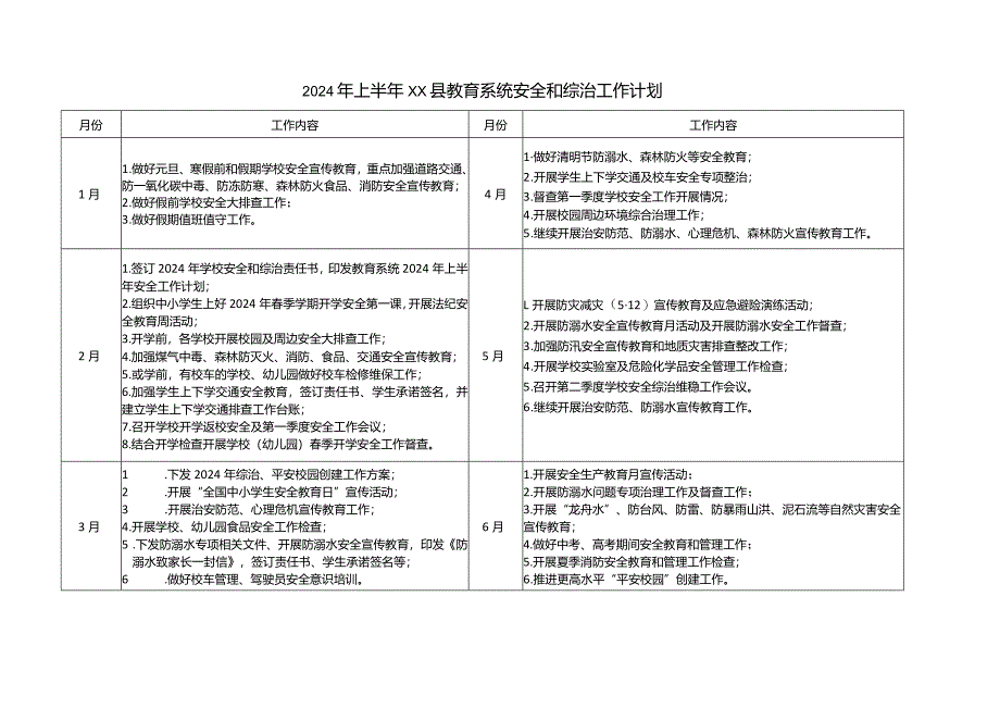 教育局2024年上半年安全和综治工作计划表.docx_第1页