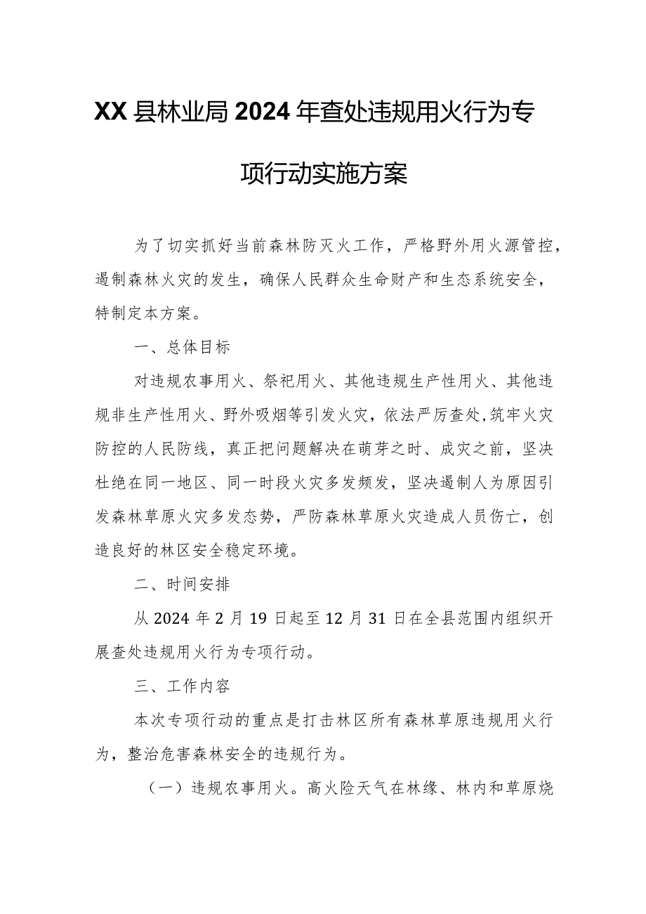 XX县林业局2024年查处违规用火行为专项行动实施方案.docx_第1页