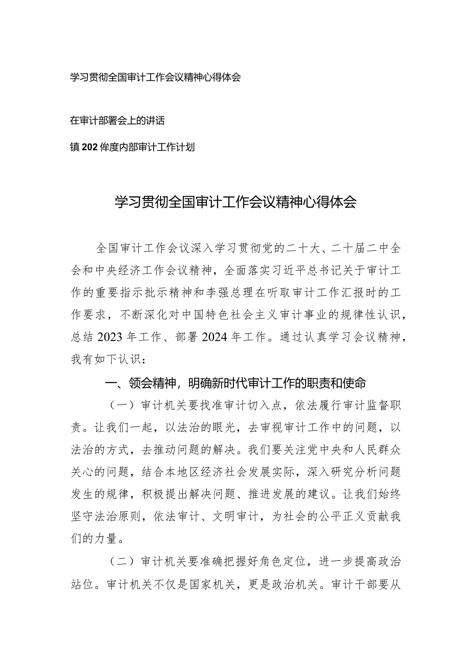 （3篇）学习贯彻全国审计工作会议精神心得体会审计部署会上的讲话及工作计划.docx_第1页