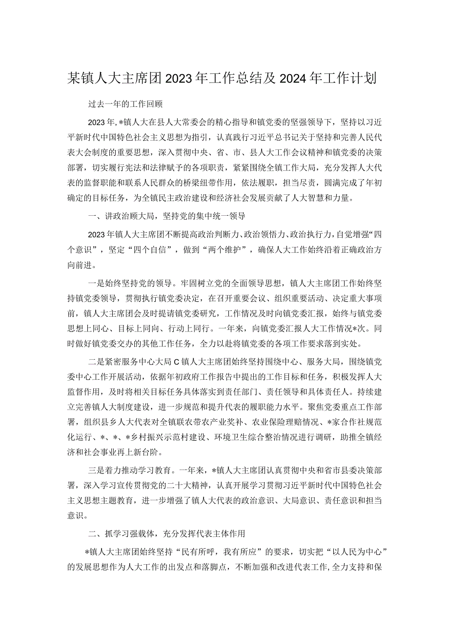 某镇人大主席团2023年工作总结及2024年工作计划.docx_第1页