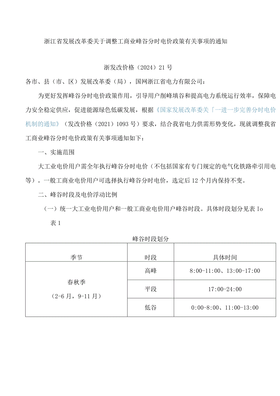 浙江省发展改革委关于调整工商业峰谷分时电价政策有关事项的通知.docx_第1页