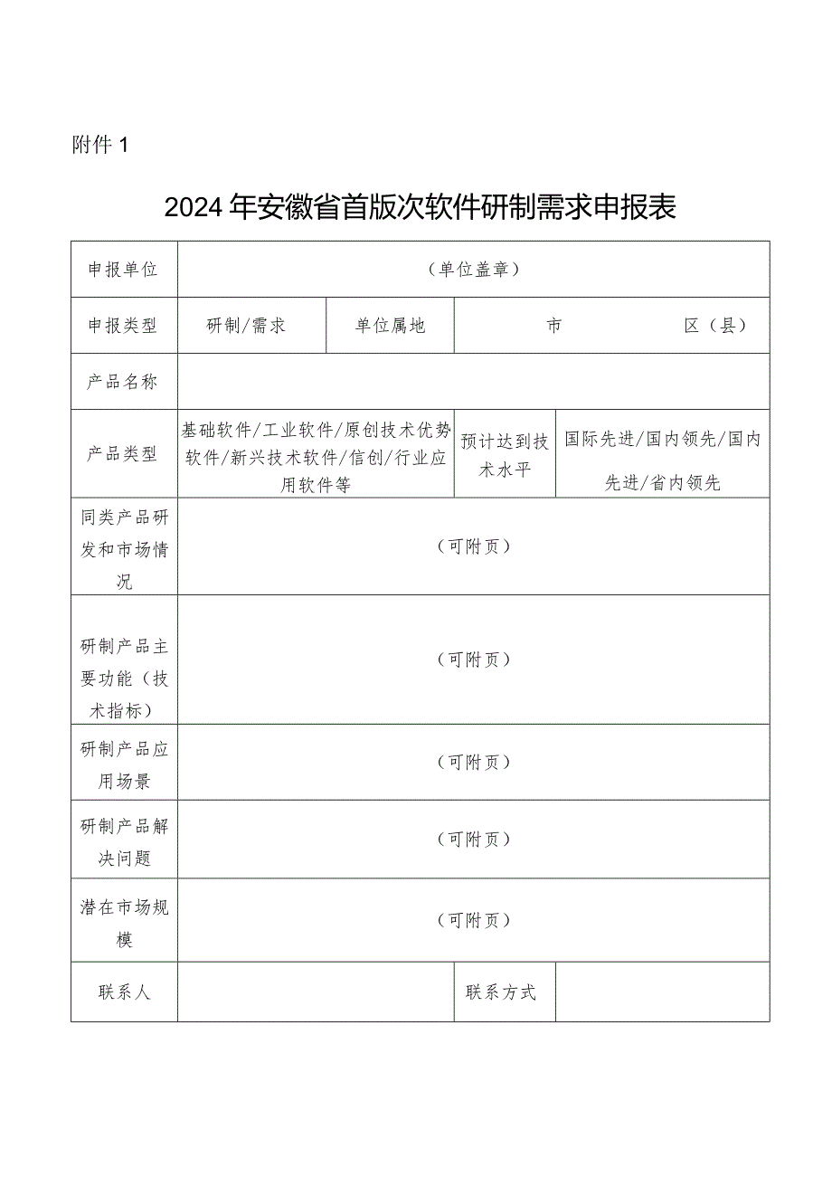 安徽省首版次软件研制需求申报表.docx_第1页