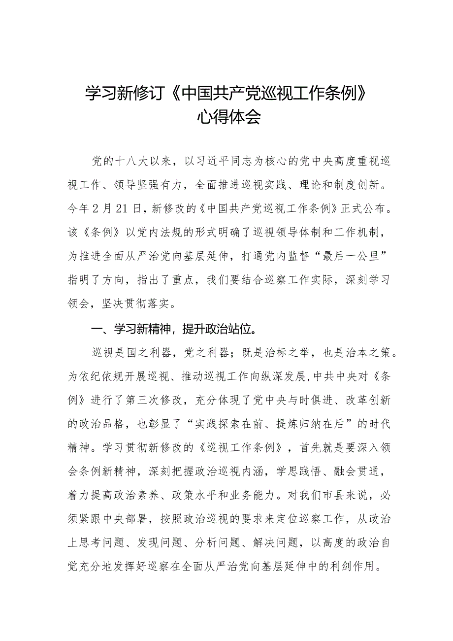 2024年学习新修订《中国共产党巡视工作条例》心得体会优秀范文(五篇).docx_第1页